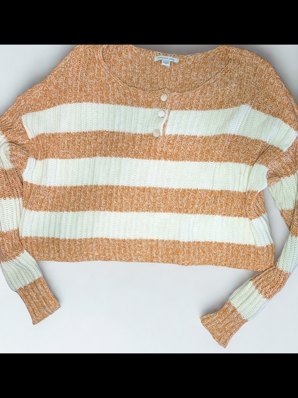 American Eagle Outfitters Striped Henley Sweater - Cream & Orange